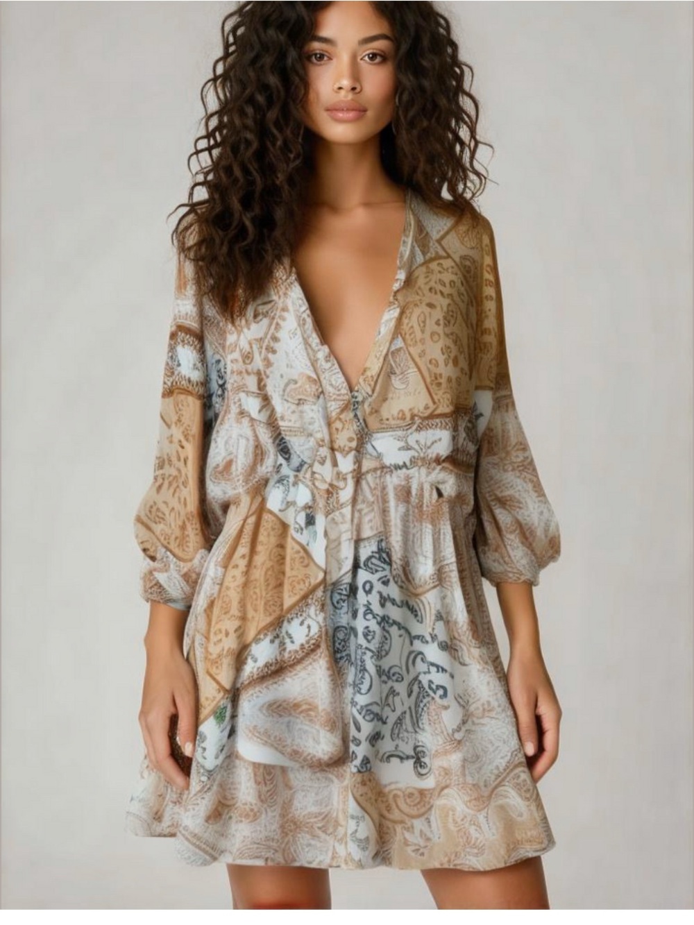white birch Paisley V-Neck Mini Dress in Beige and Ivory